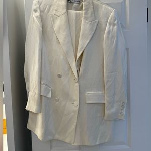 Zara Silk/Satin Off-White Blazer/Pant Suit Set Size L/XL